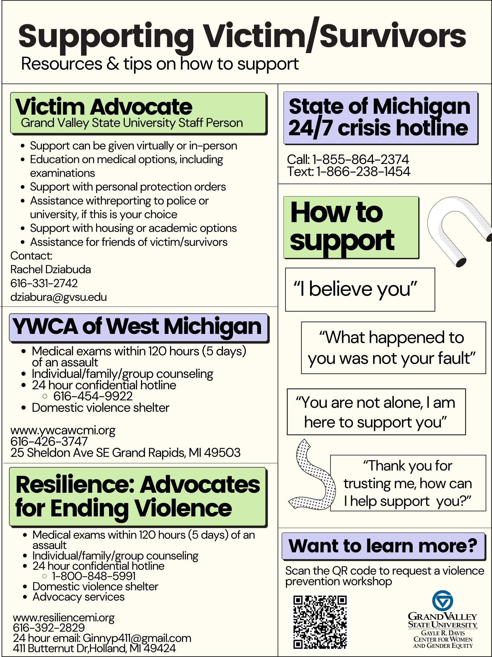 Text with on and off campus resources for supporting survivors of sexual assault